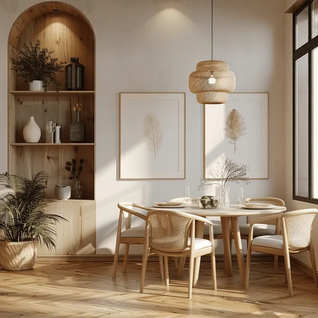 Scandinavian dining room with wooden shelf wall, round table, chairs, and a blank framed poster under warm pendant lights.