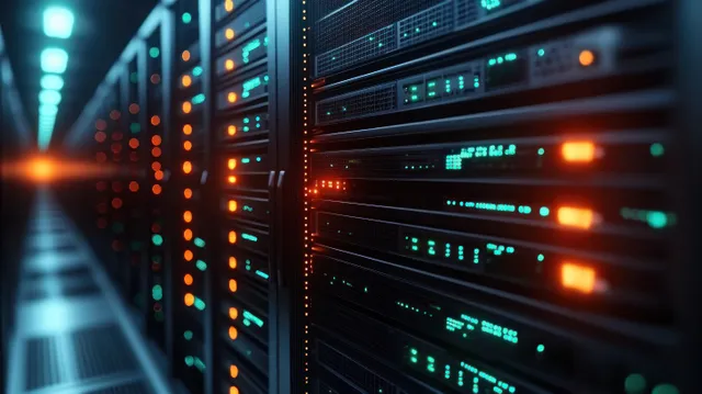 Rows of server racks with blue and orange lights illuminate a modern data center, creating a focused, high-tech atmosphere.