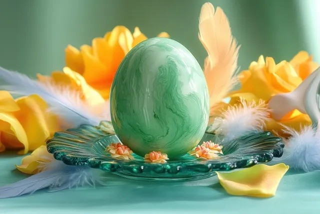Decorated green Easter egg centered on glass plate with yellow petals and soft feathers