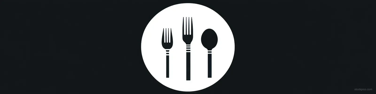 Minimal fork and spoon silhouettes arranged inside a white circle badge on a dark background.