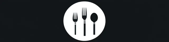 Minimalist fork, spoon, and spoon icon centered in a black circular badge