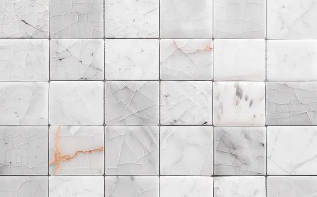 White marble mosaic tile wall with geometric brick grid and light grout closeup