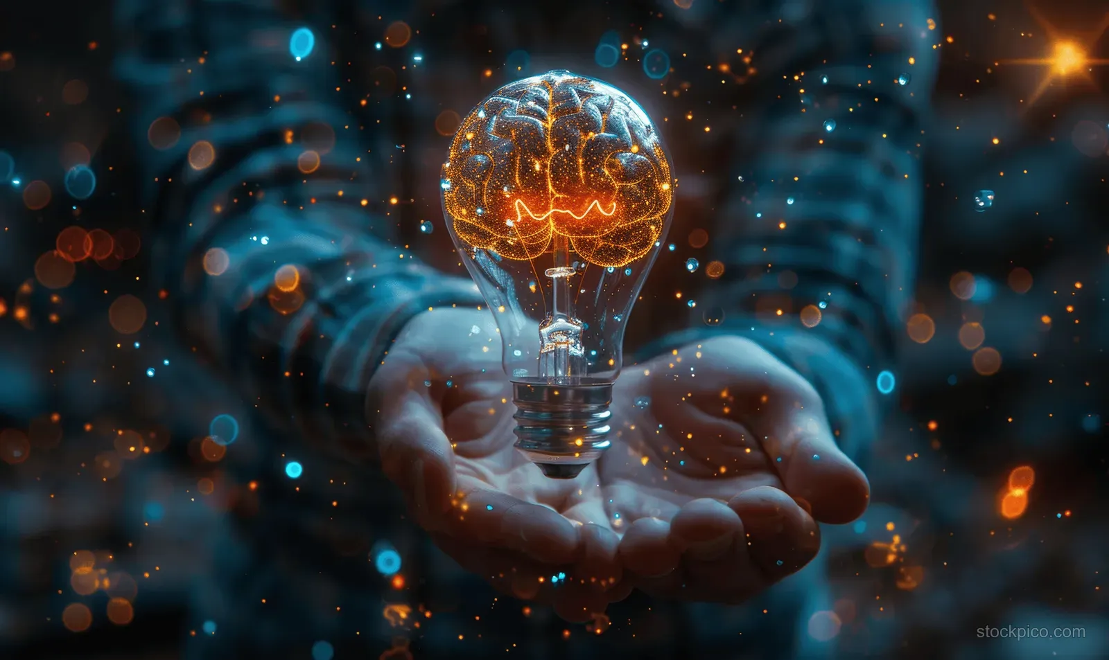 A businessman holds a glowing brain-shaped lightbulb with orange sparks in a dark scene.