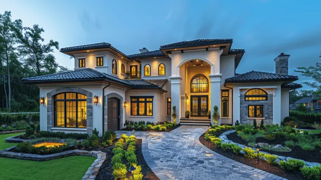 Spanish colonial modern house at dusk with warm window lighting, landscaped shrubs, and a curved stone walkway.