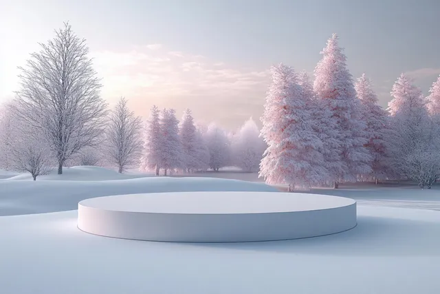 Winter podium stage on snowy landscape with soft pastel frost trees and foggy light