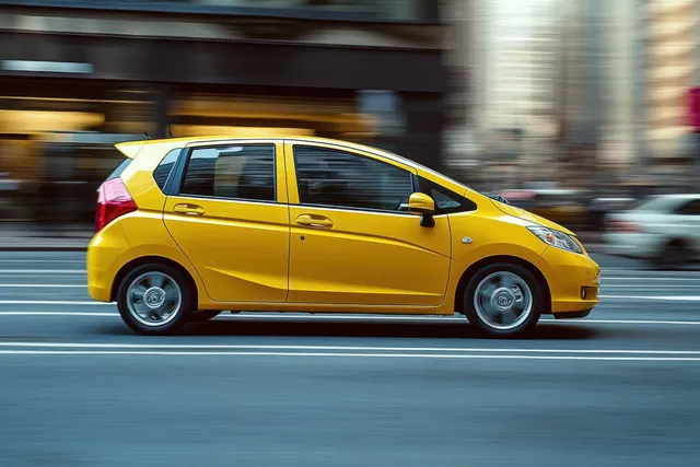 Yellow compact hatchback speeding along a city street with motion-blurred buildings behind