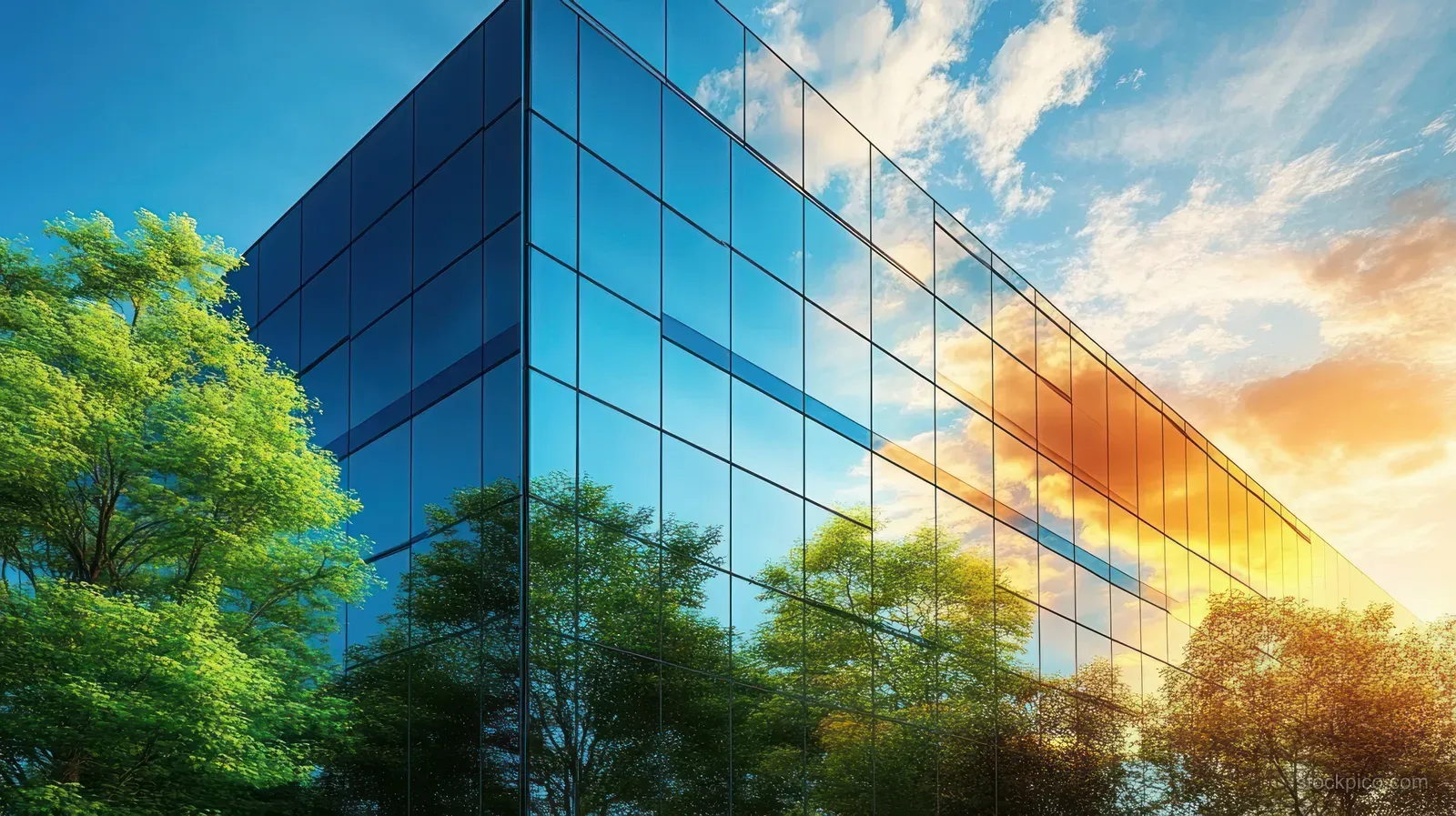 Glass office building reflecting trees and sunset light beside green landscaping.
