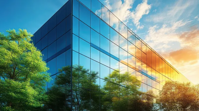 Glass office building reflecting trees and sunset light beside green landscaping.