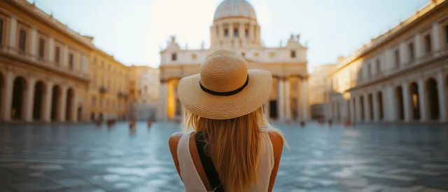 Woman in straw hat walking through sunlit historic courtyard toward a domed palace facade