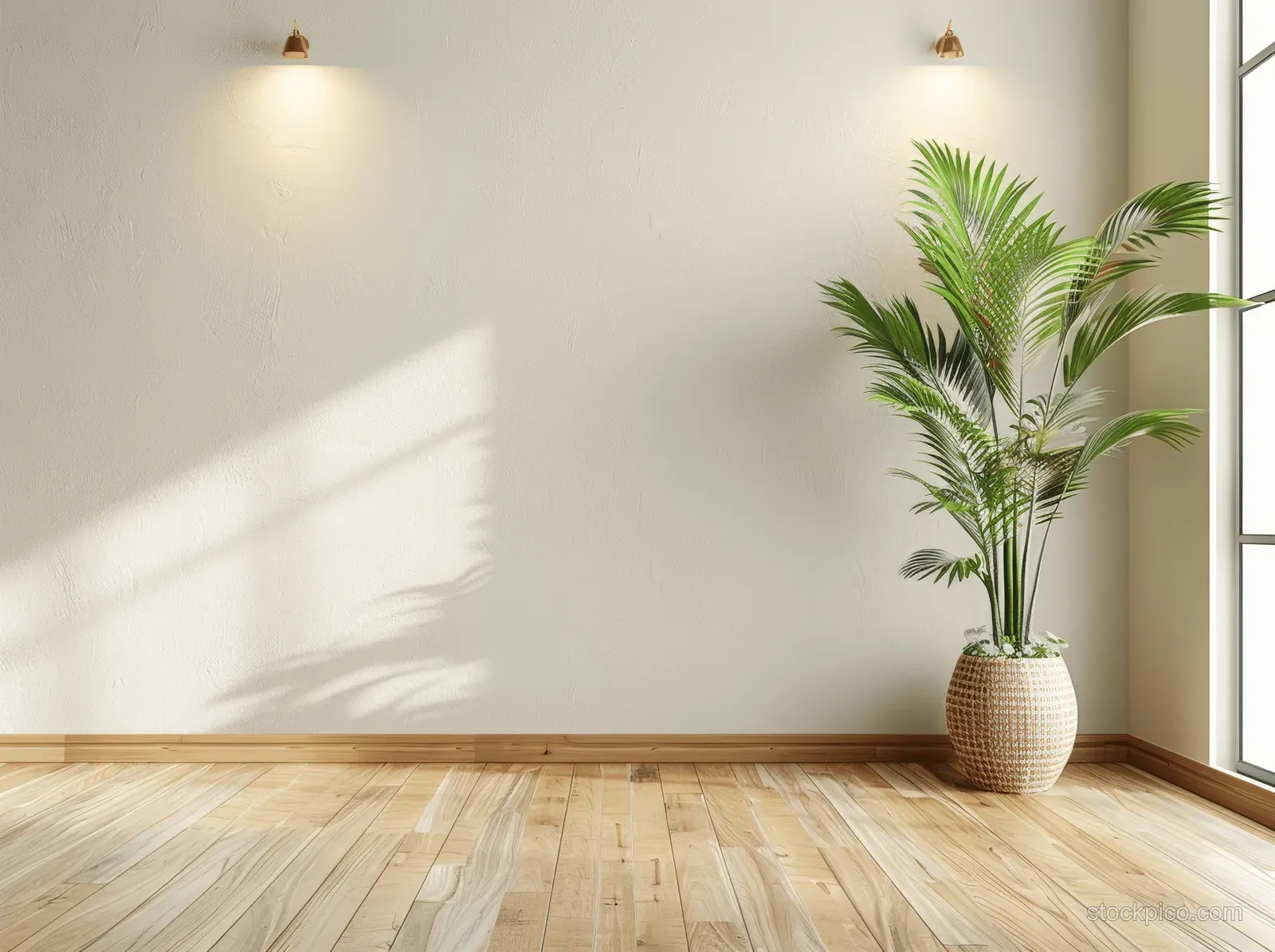 Empty minimalist room interior with wooden floor, concrete wall, potted plant, and sunlit window shadows.