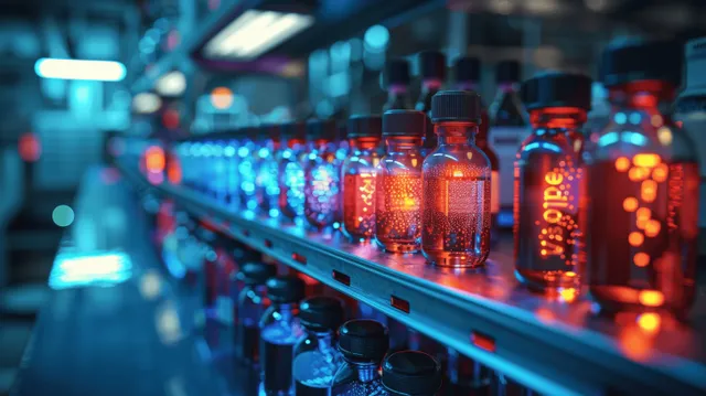 Capped medical glass vials line up on a lit conveyor in a pharmaceutical lab production system.