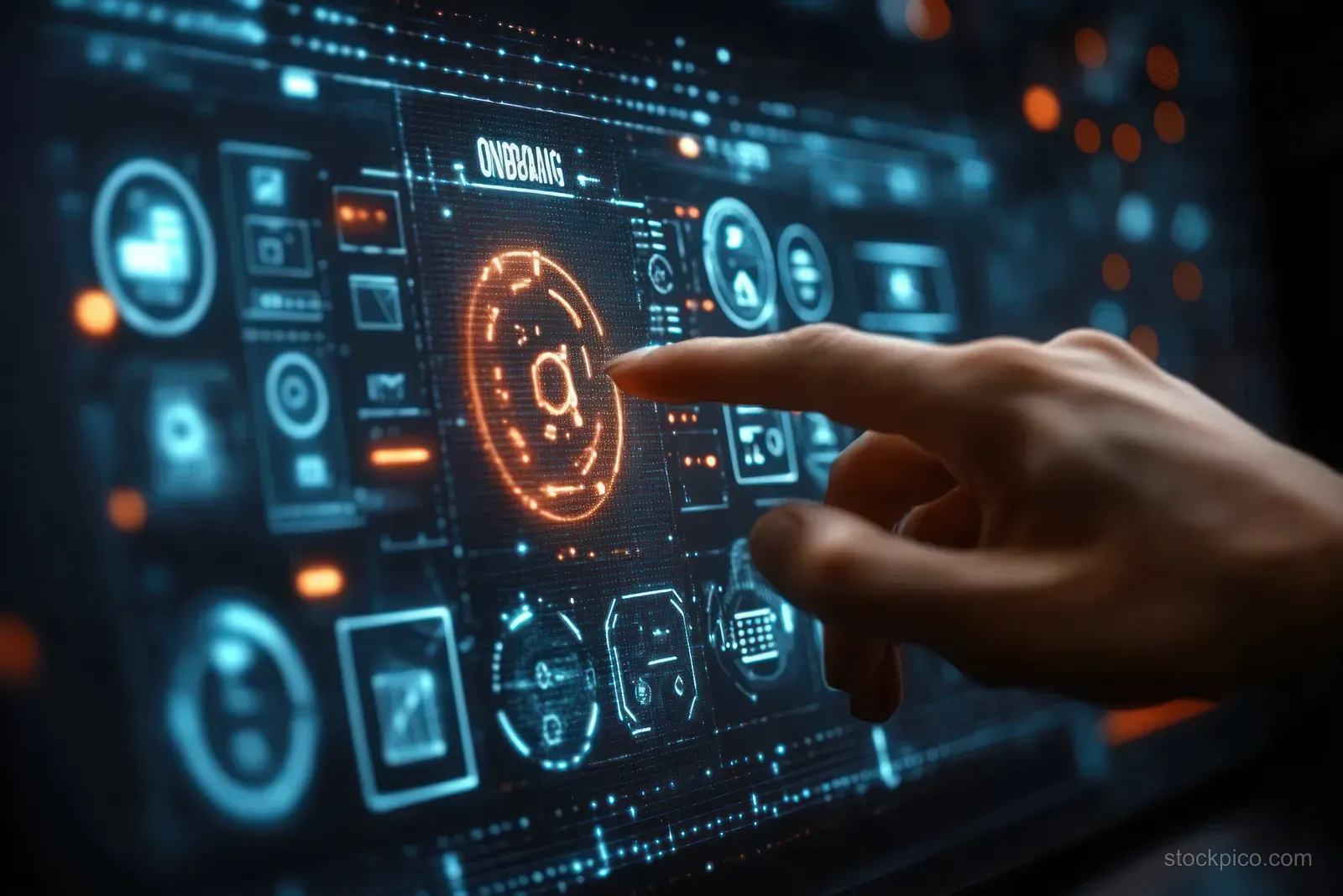 A hand taps an onboarding dashboard on a glowing digital workspace screen with progress icons.