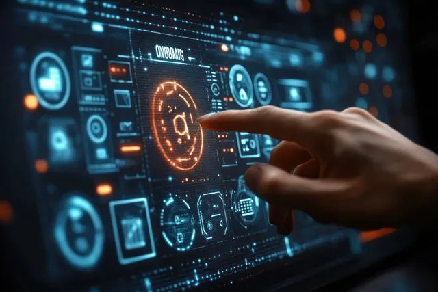 A hand taps an onboarding dashboard on a glowing digital workspace screen with progress icons.