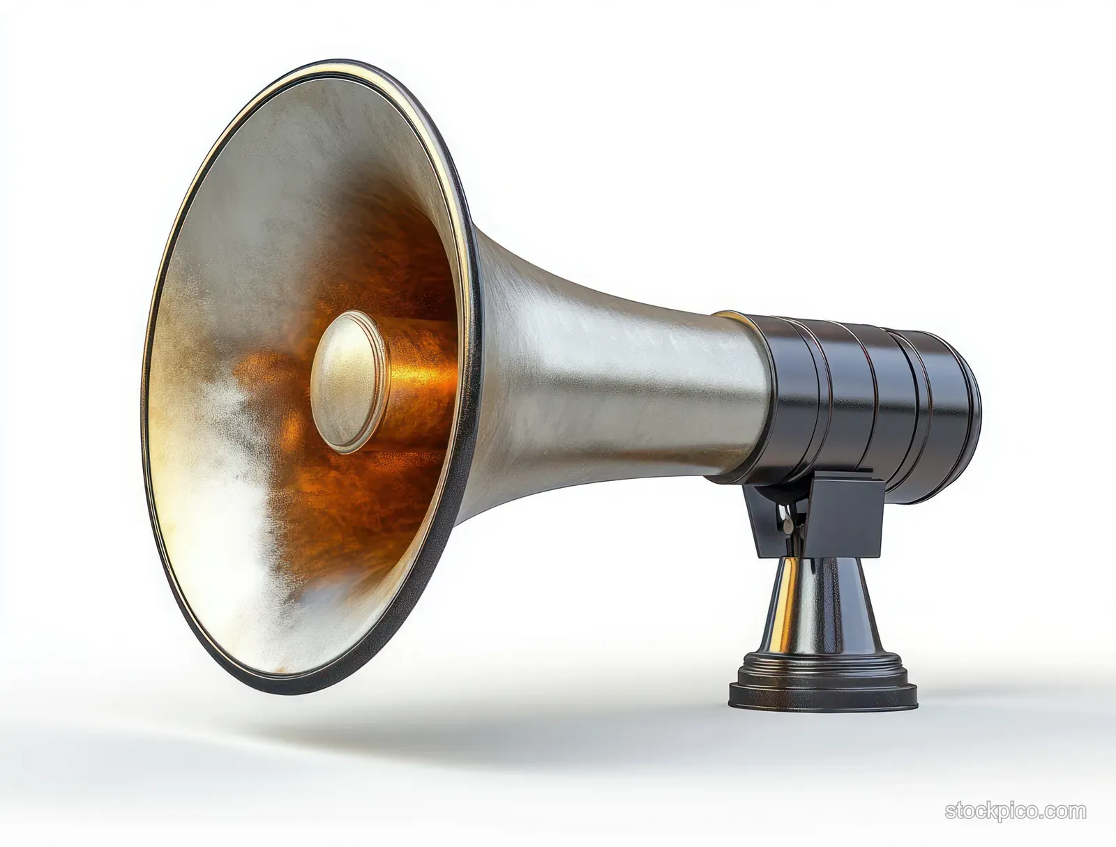 Metallic megaphone horn with wide bell opening and cylindrical body on a stand against a white background.