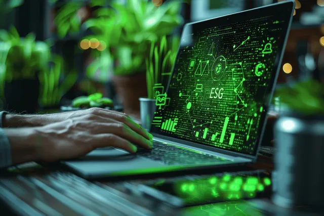 Analyst reviews ESG dashboard on laptop with green data graphics and market charts