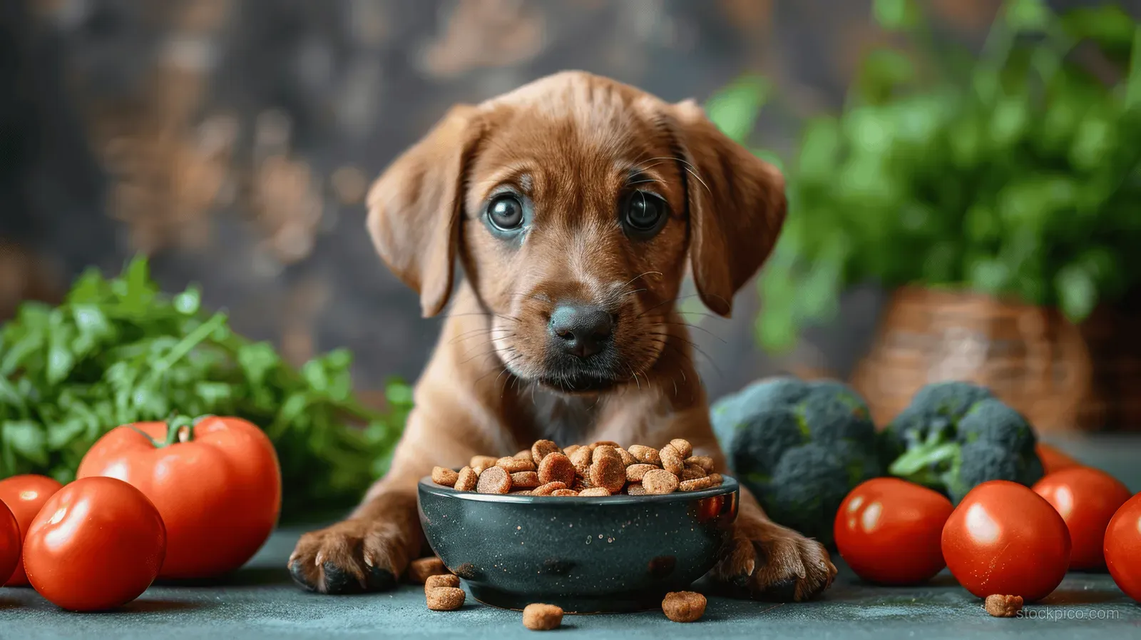 Labrador puppy eating from a bowl of dog food with tomatoes and greens around it on a green studio background.