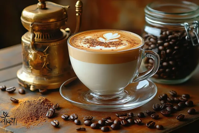 Cappuccino cup with heart latte art, coffee grinder, and jar beans on wooden table