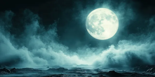 Full moon rises over a jagged cliff, eerie mist and smoky clouds drifting.
