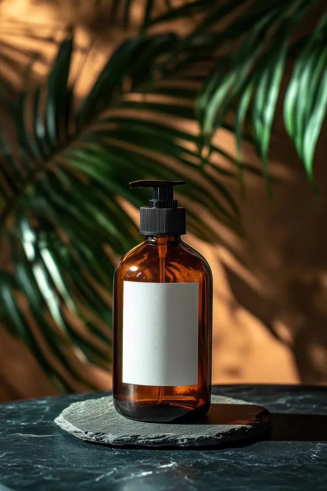 Amber glass pump bottle with blank white label on a slate coaster, lit by warm sunlight and tropical leaf shadows.