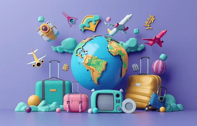 Minimalist 3D Travel Icons Concept with Globe, Luggage, and Planes
