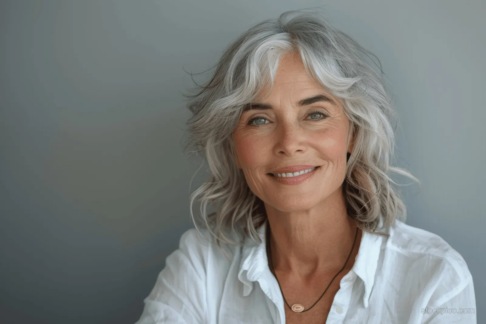 Smiling grey-haired senior woman in a white shirt against a smooth gray background.