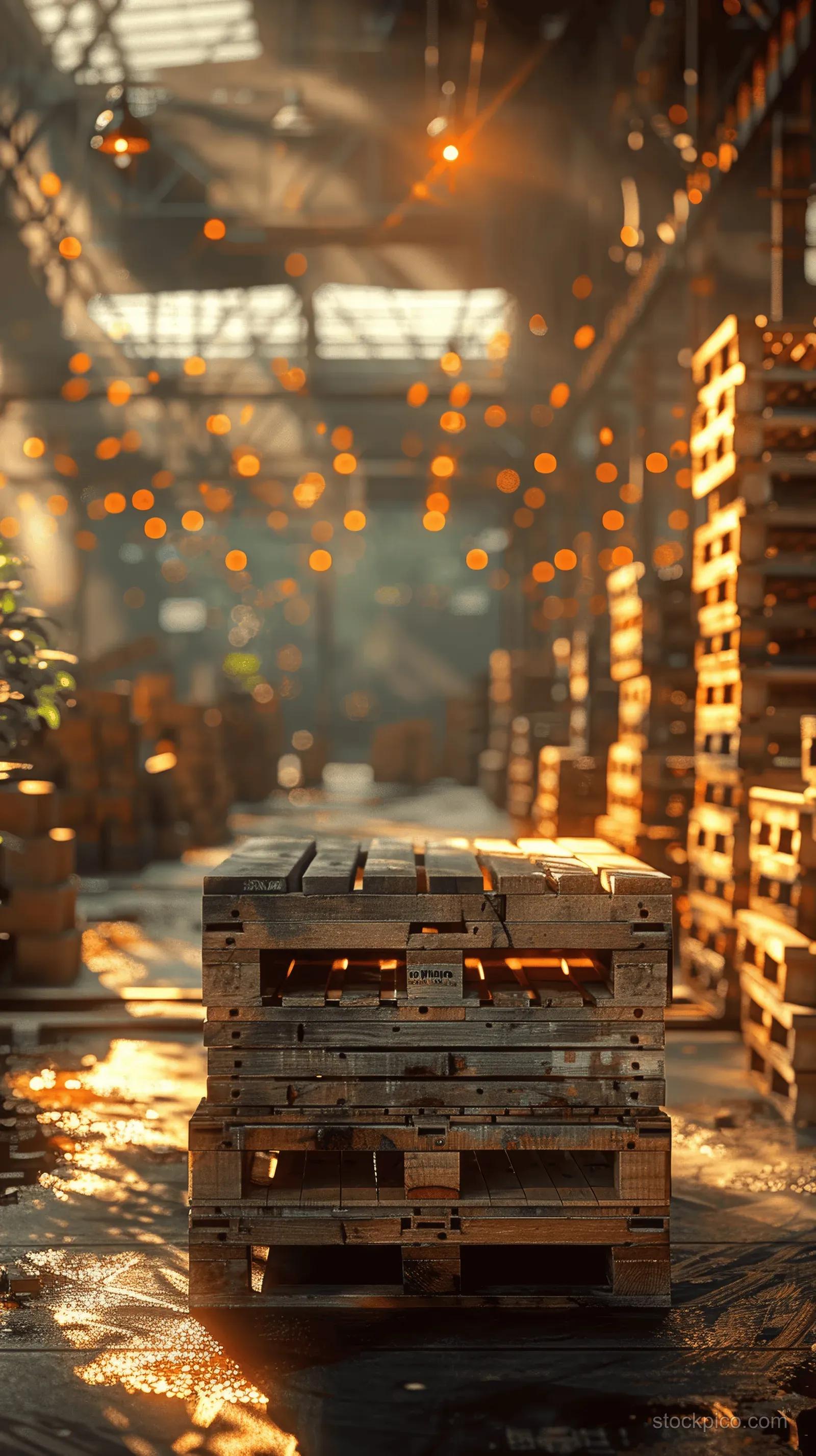 Pallets and boxes fill a warehouse aisle as warm sunlight beams through dust and shelving.
