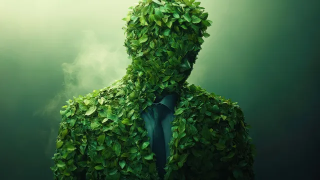 Businessman wearing a leaf-covered suit and tie against a glowing green mist background.