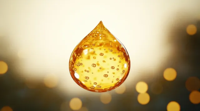 Golden droplet of serum floating on a warm soft-focus background with glowing bokeh lights.