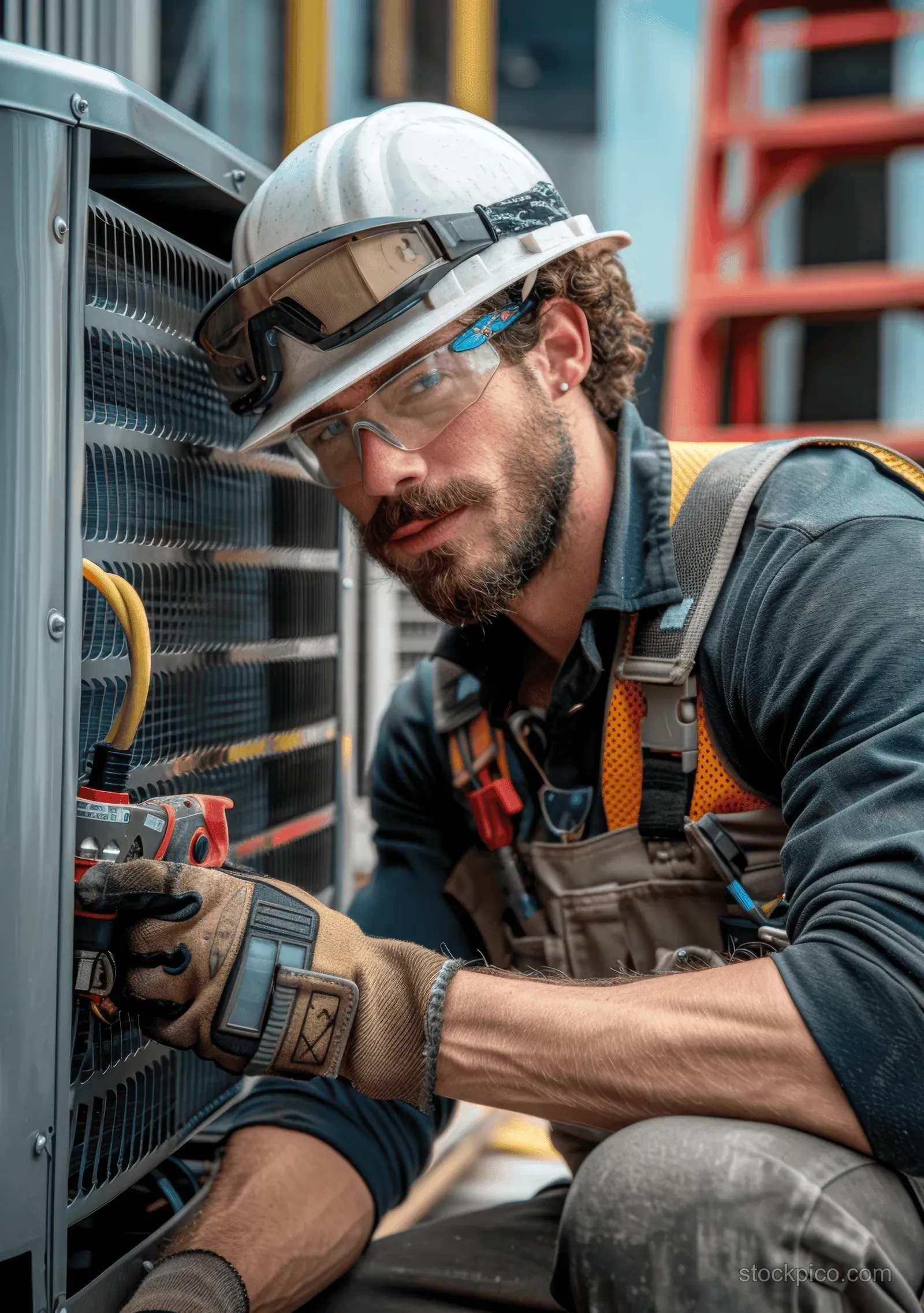 HVAC technician wearing a hard hat works on an outdoor air conditioning unit.