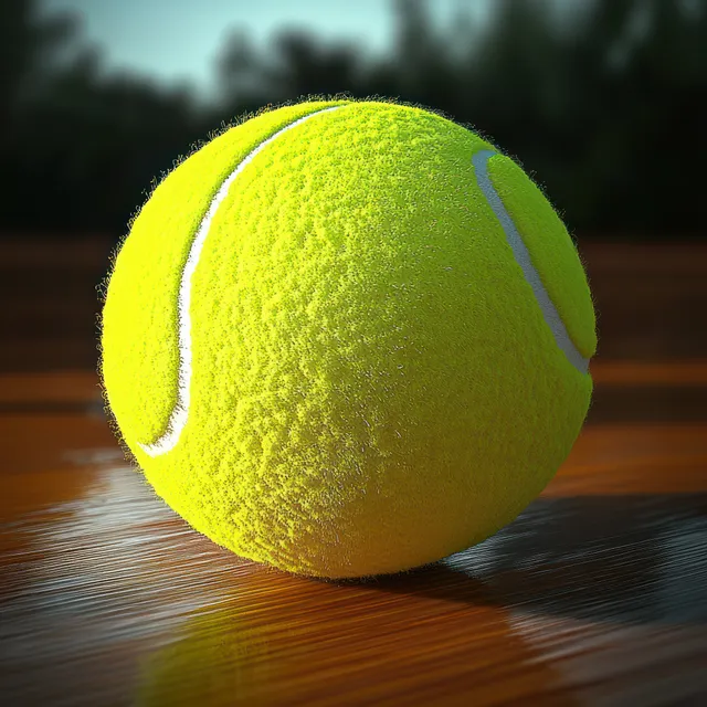 A yellow tennis ball lies on a glossy wooden table in close-up with soft light and blurred background.