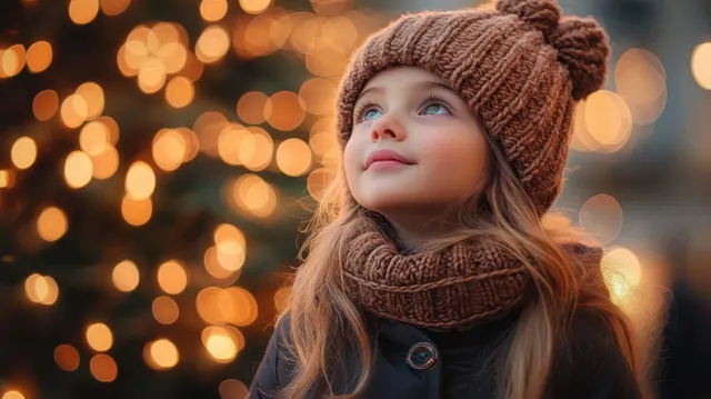 Young girl in knitted hat looks up in wonder under warm glowing bokeh lights