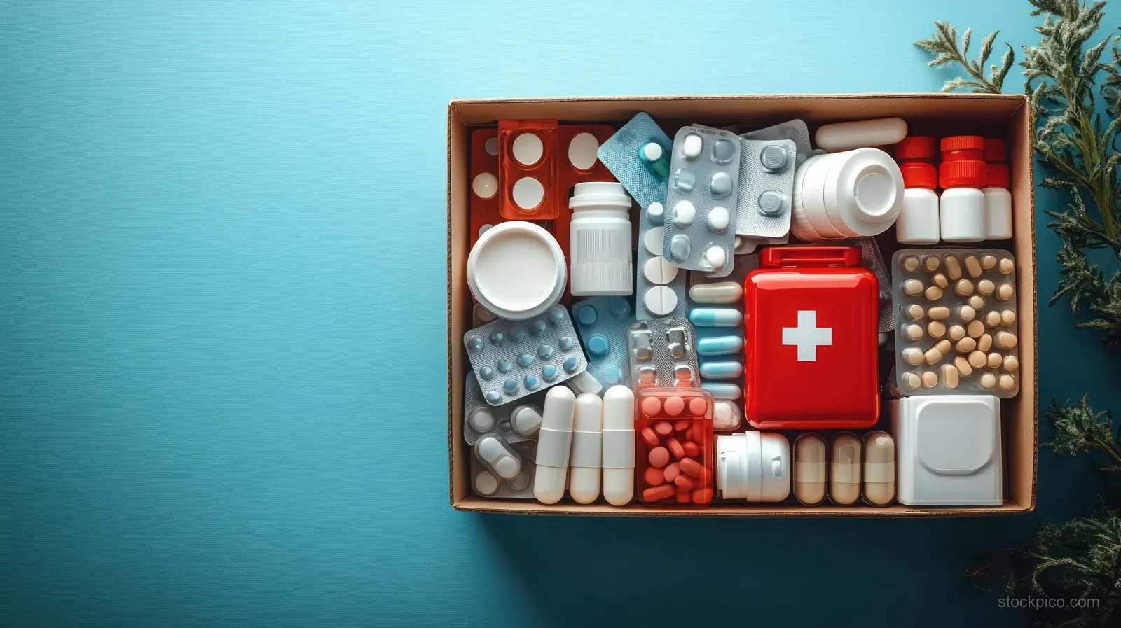 Open medicine box on a blue background showing pill bottles, blister packs, capsules, tablets, and a red first aid kit.