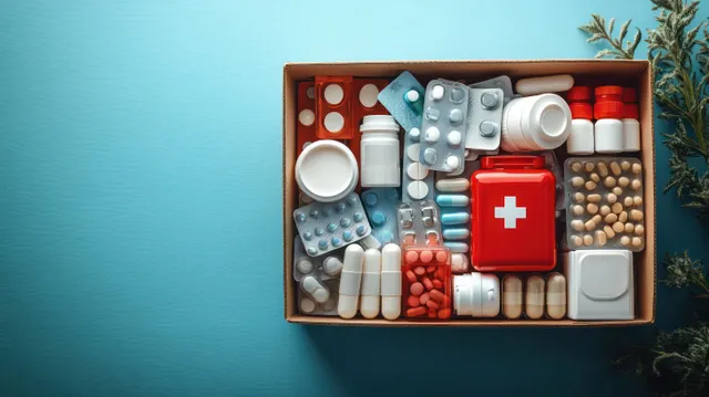 Open medicine box with pill bottles, blister packs, capsules, tablets, and red first aid kit