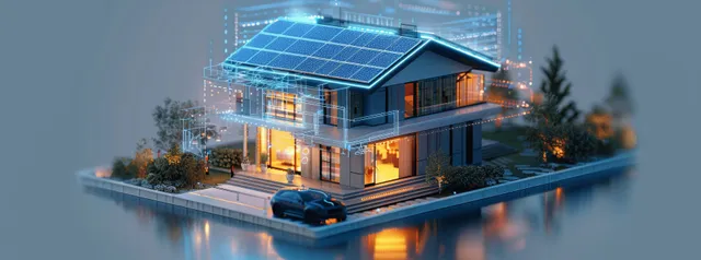 Futuristic smart home model with solar panels and a glowing hologram energy interface hovering above the rooftop.