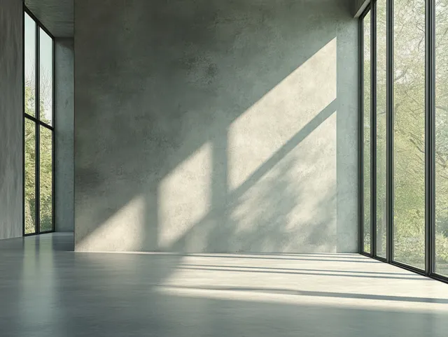 Minimalist loft interior with sunlit concrete floor and large windows showing trees outside.