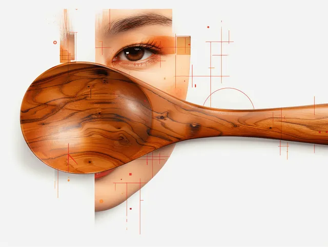 Geometric collage cutout portrait of an Asian woman with brown eyes on a light background.