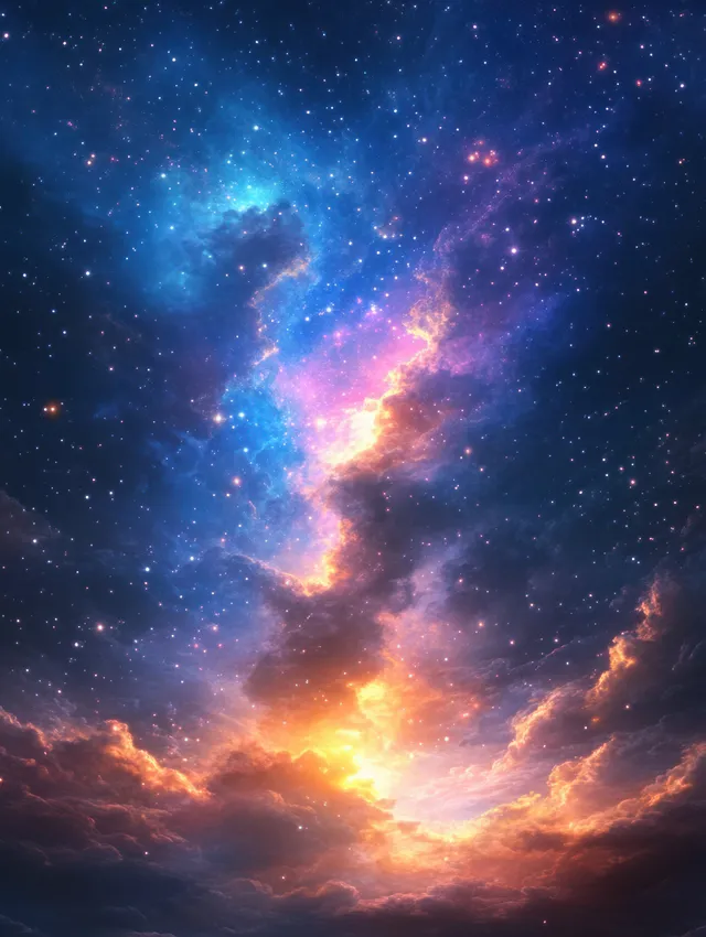 Milky Way galaxy stretches across a night sky above glowing orange nebula clouds and scattered stars.