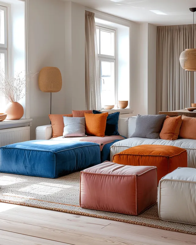 Colorful blue and orange couches in a minimalist Scandinavian living room with a large window and warm soft lighting.