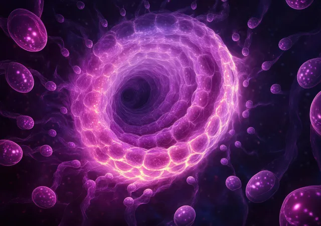 Glowing purple spiral cellular network surrounded by floating oval particles on a dark background.