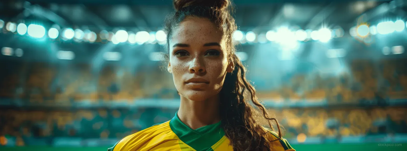 Female soccer player wearing green and yellow jersey standing in an empty stadium at night with lights glowing in the background.