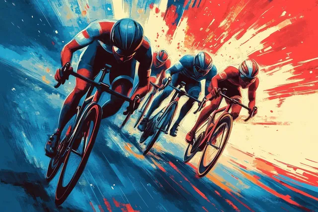 Four cyclists race on a track while blue and red speed streaks swirl behind them.