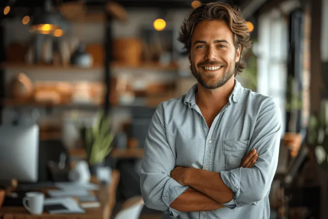 Smiling man with arms crossed stands in a cozy office workspace with shelves, desk items, and indoor plants.