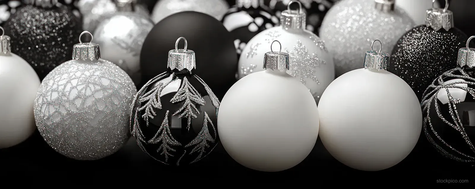 Black and white Christmas ornaments with gold details sit closely together on a dark sparkling background.