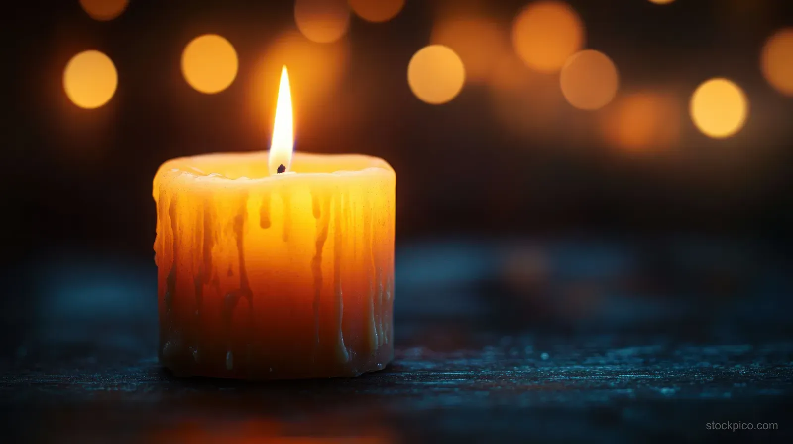 A single candle with melted wax drips and a flickering flame glowing against a dark bokeh background.
