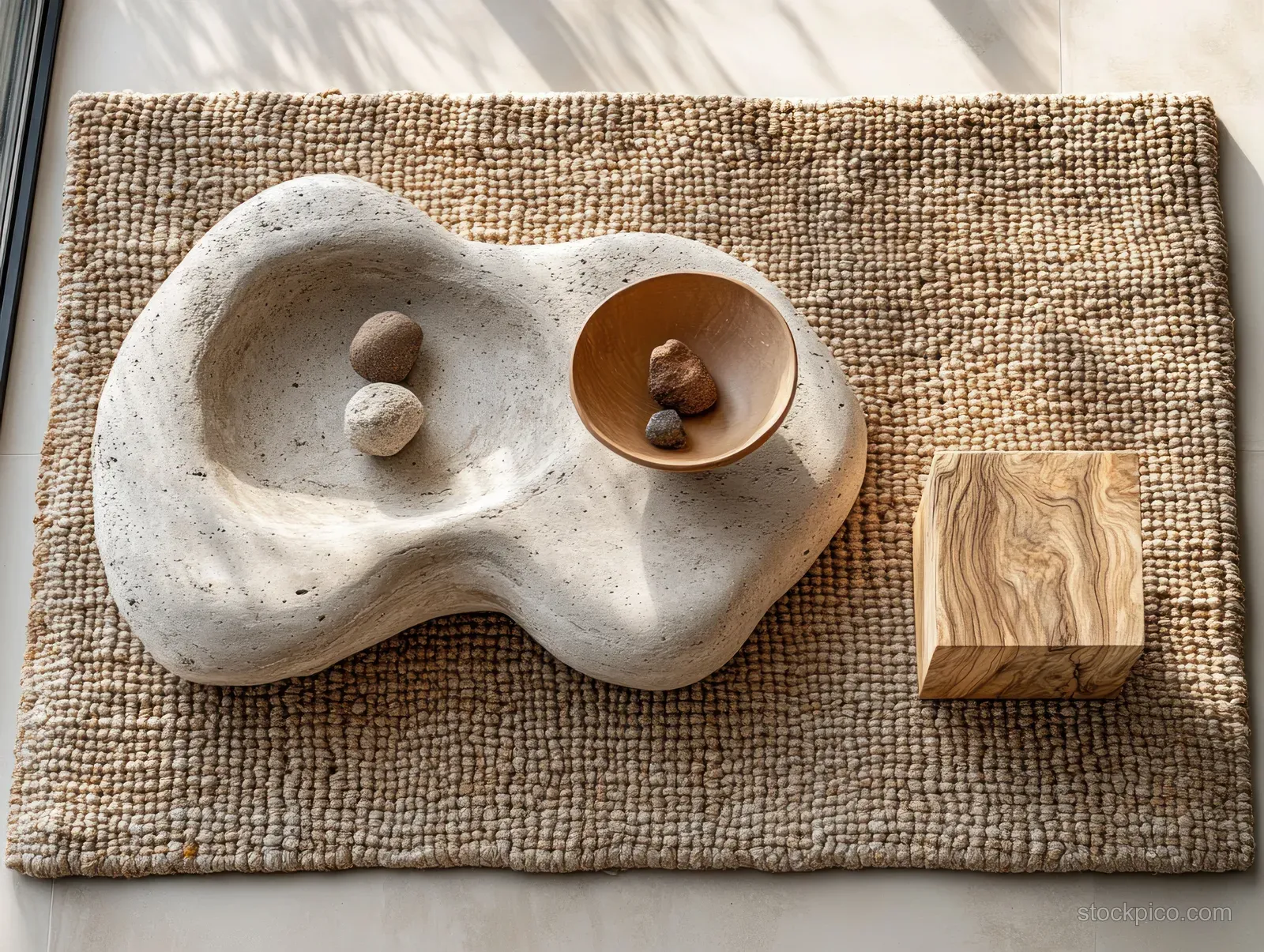 Top-down view of an organic concrete bowl with stones on a woven placemat beside a small wooden block.