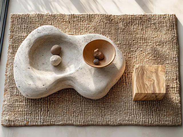 Top-down view of an organic concrete bowl with stones on a woven placemat beside a small wooden block.