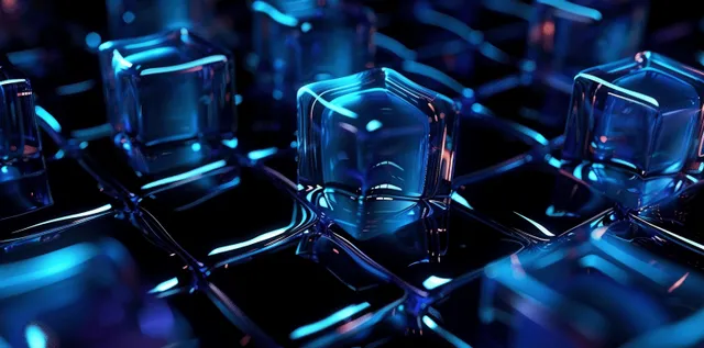Futuristic blue glass cube blocks glowing on black background with light refraction details