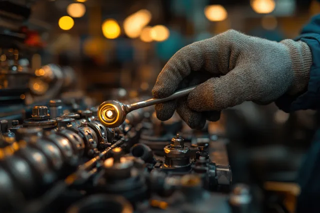 Female mechanic checks car battery connections in a garage using a diagnostic wrench