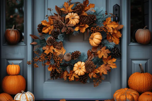 Rustic autumn wreath with leaves, pine cones, and pumpkins hangs on a brown front door surrounded by fall decor.