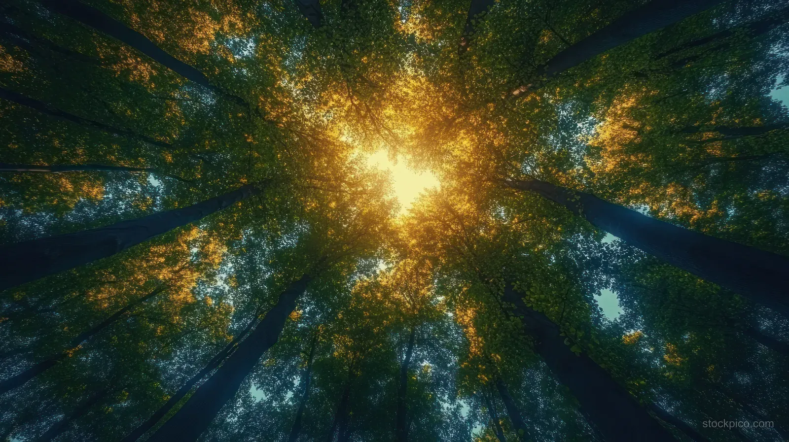 Golden sun rays shine through dense green tree canopy between tall trunks in a forest.